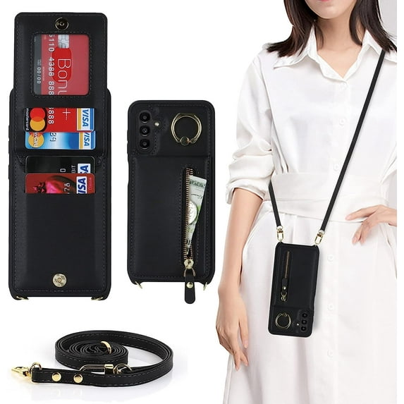 Samsung Galaxy A13 5G Phone Case for Women with Card Holder,Samsung A13 Case Wallet Crossbody Lanyard with Strap,Credit Card Slots Kickstand Case with Ring Holder,Black