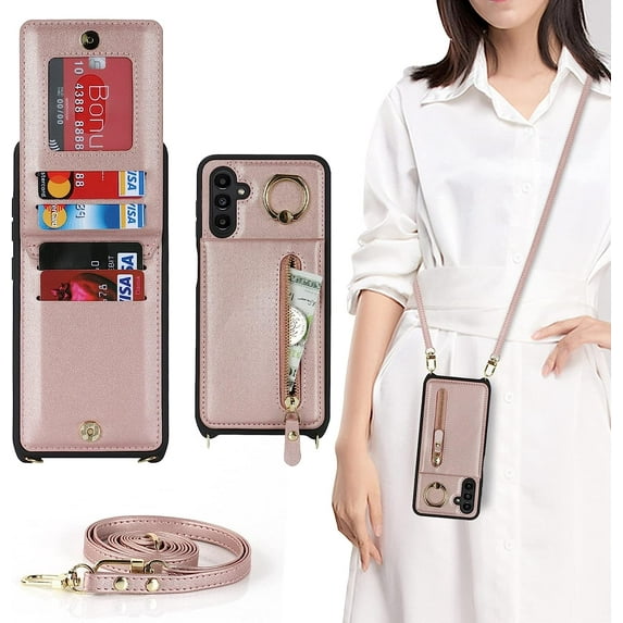 Samsung Galaxy A13 5G Phone Case for Women with Card Holder,Samsung A13 Case Wallet Crossbody Lanyard with Strap,Credit Card Slots Kickstand Case with Ring Holder,Rosegold
