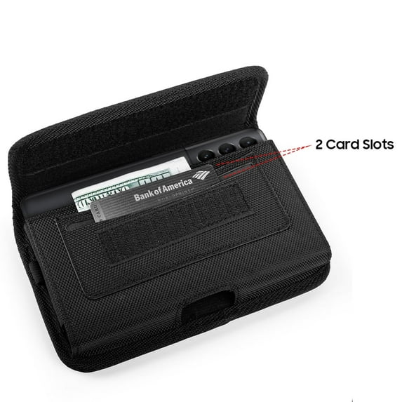 For Samsung Galaxy A13 5G Universal Horizontal Cell Phone Case Nylon Holster Carrying Pouch with Belt Clip and 2 Card Slots fit Large Devices 7" - Black