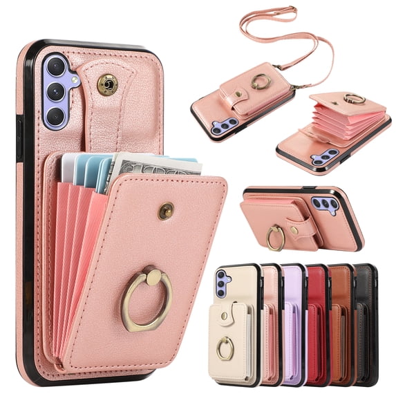 for Samsung Galaxy A13 5G Wallet Case with Card Holder, PU Leather Case with Ring Holder Kickstand, Snap Button Card Slots Case for Women Men for A13 5G with Crossbody Strap - Rosegold