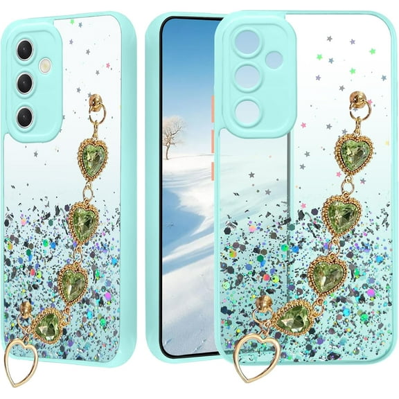 for Samsung Galaxy A13 5g Case Clear Glitter Silicone Soft, Shockproof Samsung A13 5g Phone Case with Chain Strap Bracelet for Women Aesthetic Slim Cover Pink Cute (Green)