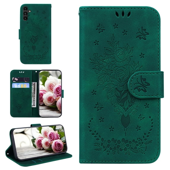 For Samsung Galaxy A13 Case 4G , Butterfly Embossed Pattern PU Leather Magnetic Folio Flip Kickstand Protective Cards Pocket with Hand Strap Wallet Cover For Samsung Galaxy A13 4G,Green