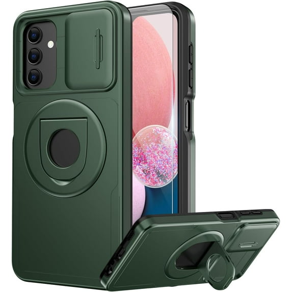 for Samsung Galaxy A13 Case/ A04S Case with Sliding Camera Lens Cover and Glass Screen Protector - Kickstand - Shockproof Protective Phone Case for Men Women Girls - Dark Green