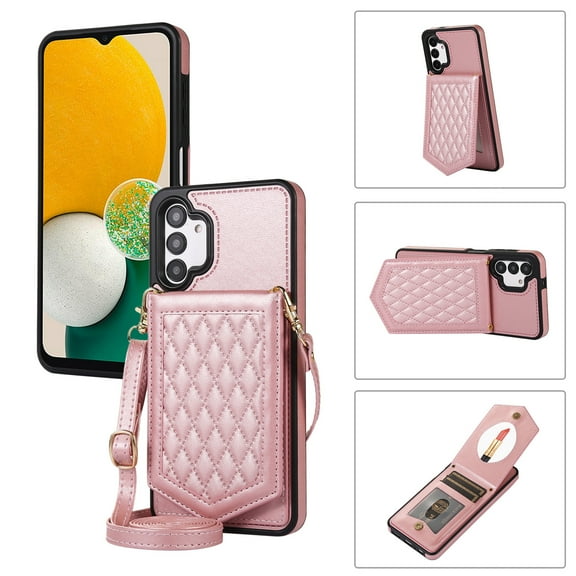 for Samsung Galaxy A13 Case with Card Holder, Luxury PU Leather RFID Blocking Mirror Kickstand Crossbody Strap Magnetic Clasp Wallet Girls Women Men Case Cover for Samsung A13 5G 4G, Rosegold