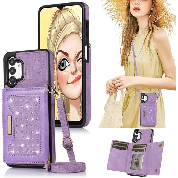 for Samsung Galaxy A13 Crossbody Wallet Case for Women, Bling Glitter PU Leather Phone Case with RFID Blocking Card Holder Cover for Samsung Galaxy A04S /A13 SZ Purple