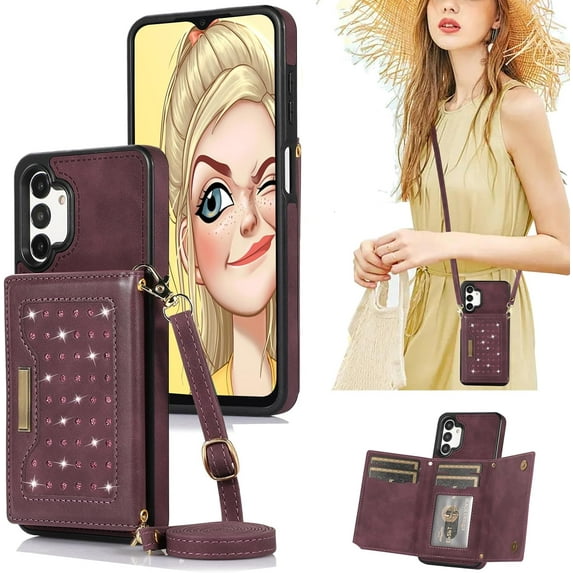 for Samsung Galaxy A13 Crossbody Wallet Case for Women, Bling Glitter PU Leather Phone Case with RFID Blocking Card Holder Cover for Samsung Galaxy A04S /A13 SZ Red