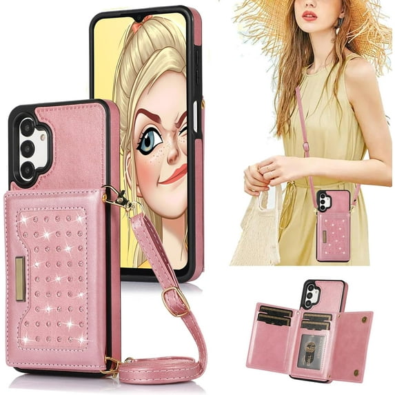 for Samsung Galaxy A13 Crossbody Wallet Case for Women, Bling Glitter PU Leather Phone Case with RFID Blocking Card Holder Cover for Samsung Galaxy A04S /A13 SZ Rose Gold