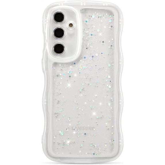 for Samsung Galaxy A14 4G/5G Case 6.6",Cute Curly Wave Case with Star Glitter,Clear Shiny Bling Soft TPU Shockproof Phone Protecive Case for Women Girls-White