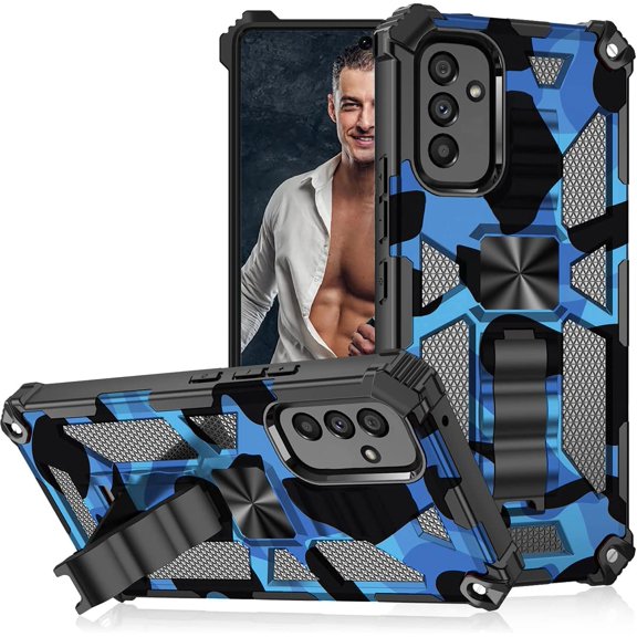 Samsung Galaxy A14 5G Camo Case with Kickstand, Military Grade Shockproof Cover with Magnetic Car Mount Holder Phone Case for Samsung Galaxy A14 4G/5G Camouflage Blue