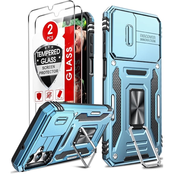 for Samsung Galaxy A14-5G Case: A14 Samsung Phone Case with 【2 Pack】 Screen Protectors with Slide Camera Cover & Upgrade Magnetic Ring Kickstand Shockproof Carcasa de Samsung A14, Light Blue