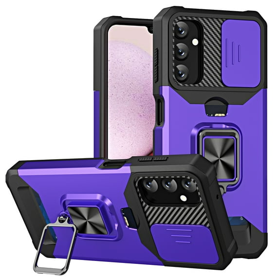 For Samsung Galaxy A14 5G Case with Card Holder & 360° Magnetic Ring Stand Heavy Duty Camera Lens Slide Dual Layer Shockproof Hidden Card Slot Slim Wallet Phone Case Cover for Women Men,Purple