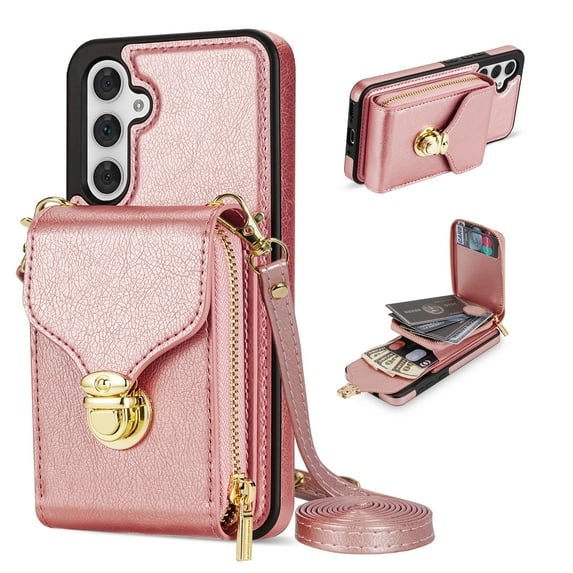Samsung Galaxy A14 5G Case with Card Holder for Women Phone Case Wallet with Strap Credit Card Slots Crossbody Strap with Kickstand Zipper Shockproof Case For Samsung Galaxy A14 5G,Rosegold