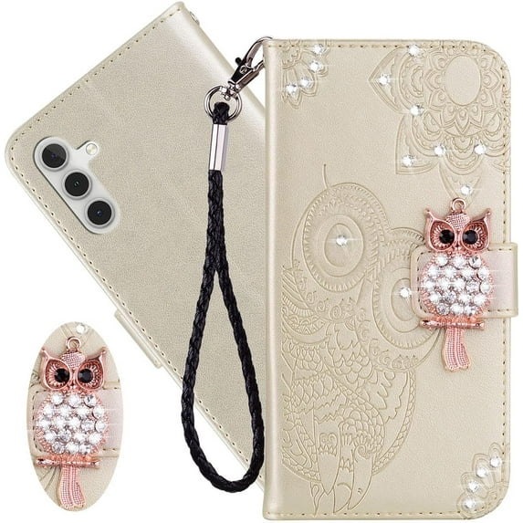 for Samsung Galaxy A14 5G Case with Credit Card Holder, Glitter Bling Diamond PU Leather Wallet Phone Case Flip Folio Book Cover for Samsung Galaxy A14 5G Owl Gold
