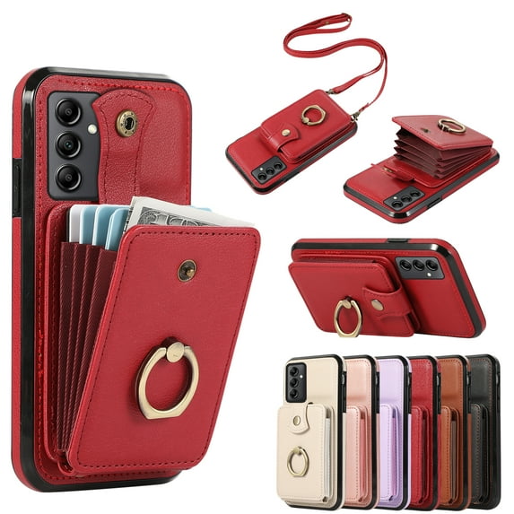 for Samsung Galaxy A14 5G Case, Elegant Minimalist Wallet Case with Ring Kickstand and Shoulder Strap, Shockproof Stylish Protective Durable PU Leather Cover for Samsung Galaxy A14 5G, Red
