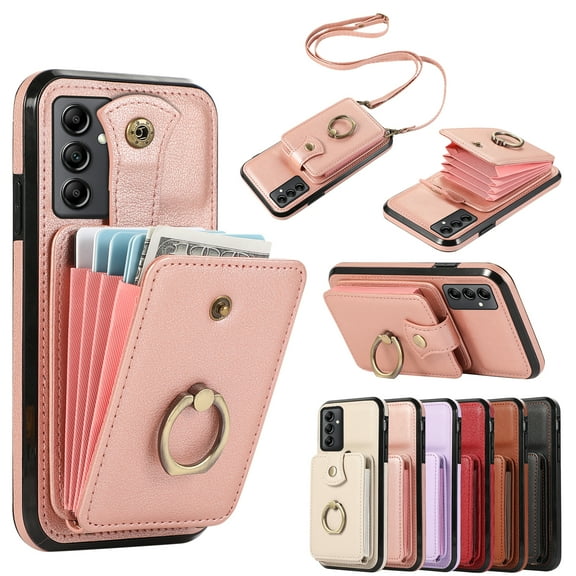 for Samsung Galaxy A14 5G Case, Elegant Minimalist Wallet Case with Ring Kickstand and Shoulder Strap, Shockproof Stylish Protective Durable PU Leather Cover for Samsung Galaxy A14 5G, Rosegold