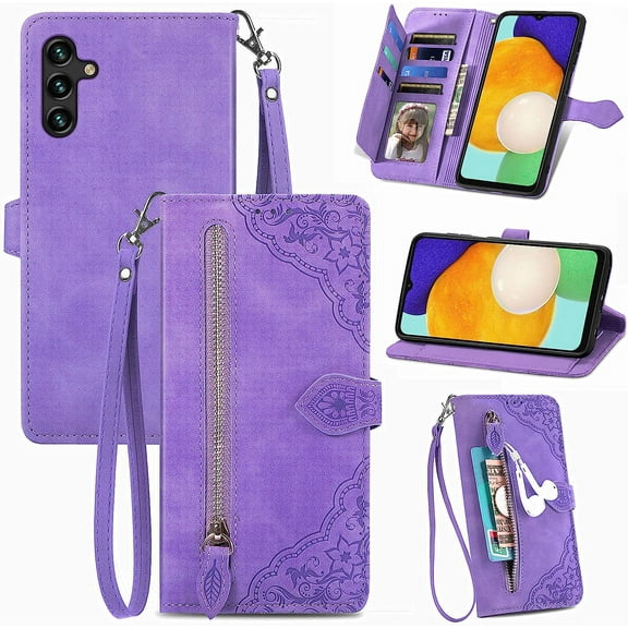 for Samsung Galaxy A14 5G Case,Galaxy A14 5G Wallet Case for Women Men,Durable PU Leather Magnetic Flip Lanyard Strap 7 Card Slots Zipper Pocket Handbag Case Emboss Flower Kickstand Phone Case Purple