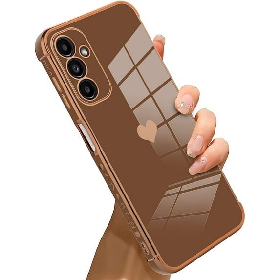 for Samsung Galaxy A14 5G Case Heart Plating Electroplate Luxury Elegant Case Camera Protector Soft TPU Shockproof Protective Corner Back Cover Galaxy A14 5G Case -Brown