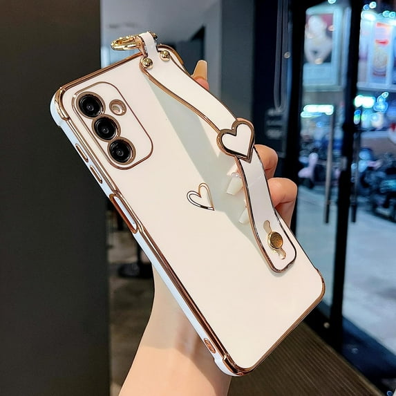 Samsung Galaxy A14 5G Case with Kickstand,Luxury Cute Plating Edge Love Hearts Pattern Wrist Strap Finger Holder for Girls Women,Soft Shockproof Cover for Galaxy A14 6.6",White