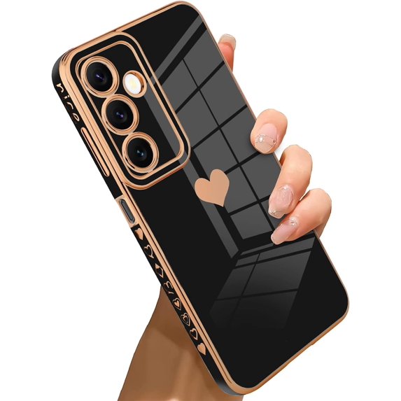 Samsung Galaxy A14 5G Case Love Heart 6D Plating Electroplate Luxury Elegant Case Camera Protector Soft TPU Shockproof Protective Corner Back Cover -Black