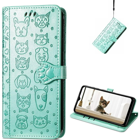 for Samsung Galaxy A14 5G Case PU Leather Flip Wallet, Cat Dog Cartoon Cute Style with ID Card Holder Phone Cover Case for Samsung Galaxy A14 5G MG Green