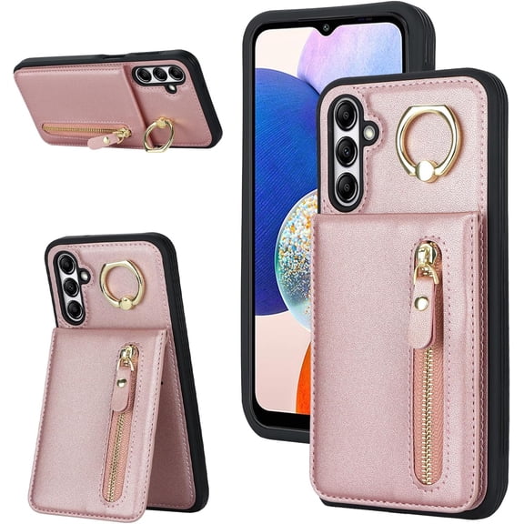 Samsung Galaxy A14 5G Case, PU Leather Wallet with Card Holder for Women, Shockproof Slim Stand Case - Rose Gold