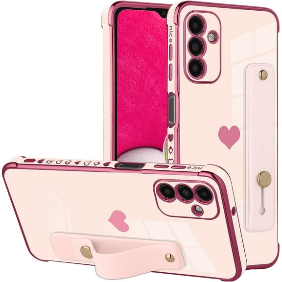 for Samsung Galaxy A14 5G Case Pink Love Hearts Design for Women Girl Men, Luxury Plating with Strap Stand Full Camera Lens Protection Bumper for Galaxy A14 5G
