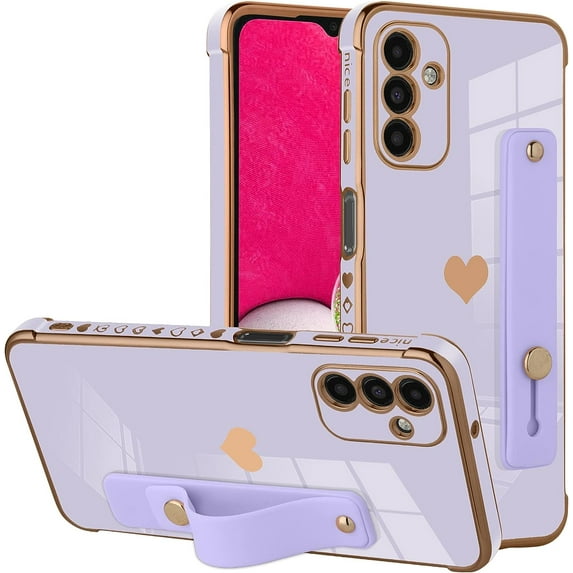 for Samsung Galaxy A14 5G Case Purple Love Hearts Design for Women Girl Men, Luxury Plating with Strap Stand Full Camera Lens Protection Bumper for Galaxy A14 5G