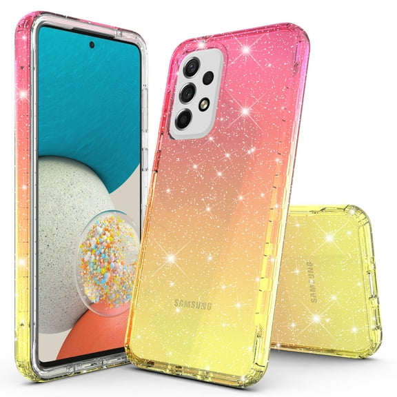 Samsung Galaxy A14 5G Case, Rosebono Hybrid Glitter Sparkle Transparent Colorful Gradient TPU Skin Cover Protection Case For Samsung Galaxy A14 5G (Gold/Pink)