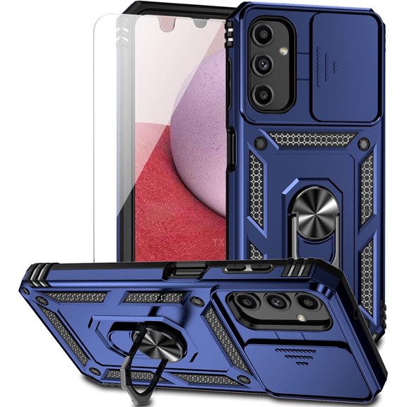for Samsung Galaxy A14 5G Case with Slide Camera Cover HD Screen Protector [ Grade 16ft. Drop Tested]  Ring Holder Kickstand Protective Phone Case for Samsung Galaxy A14 5G, Navy Blue