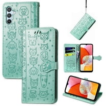 for Samsung Galaxy A14 5G Case Wallet,Magnetic Closure PU Leather Cute Embossed with Wrist Strap, RFID Blocking Card Slots Pocket Flip Kickstand Protective Phone Case Cover,Green