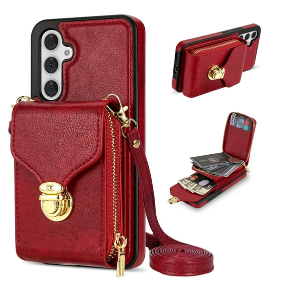 for Samsung Galaxy A14 5G Case Wallet with Shoulder Strap for Women - Crossbody Lanyard,Zipper Pocket,Credit Card Holder,Shockproof - Metal Buckle Closure Premium PU Leather Case, Red