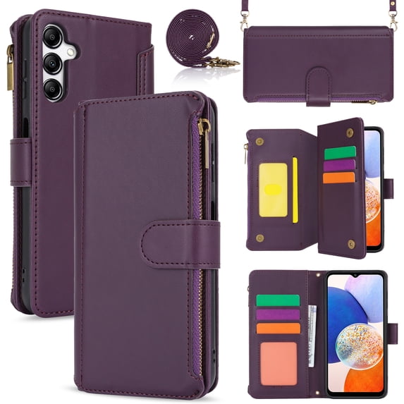 for Samsung Galaxy A14 5G Crossbody Case, RFID Blocking for Galaxy A14 5G Case Wallet with Card Holder, Fashion PU Leather Magnetic Flip Zipper Wrist Strap Lanyard Phone Case, Purple