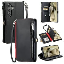 For Samsung Galaxy A14 5G Crossbody/Shoulder Strap Case Wallet Card Holder RFID Blocking Magnetic Closure PU Leather Flip with Wrist Strap Zipper Credit Card Slots Shockproof Cover, Black