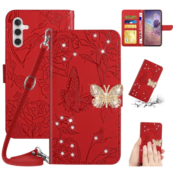 for Samsung Galaxy A14 5G Flower Pattern Wallet Case, with Wrist Hand Strap Crossbody Lanyard, Sparkle Rhinestone Butterfly Cover with Card Slots & Kickstand & Magnetic Clasp Case,Red
