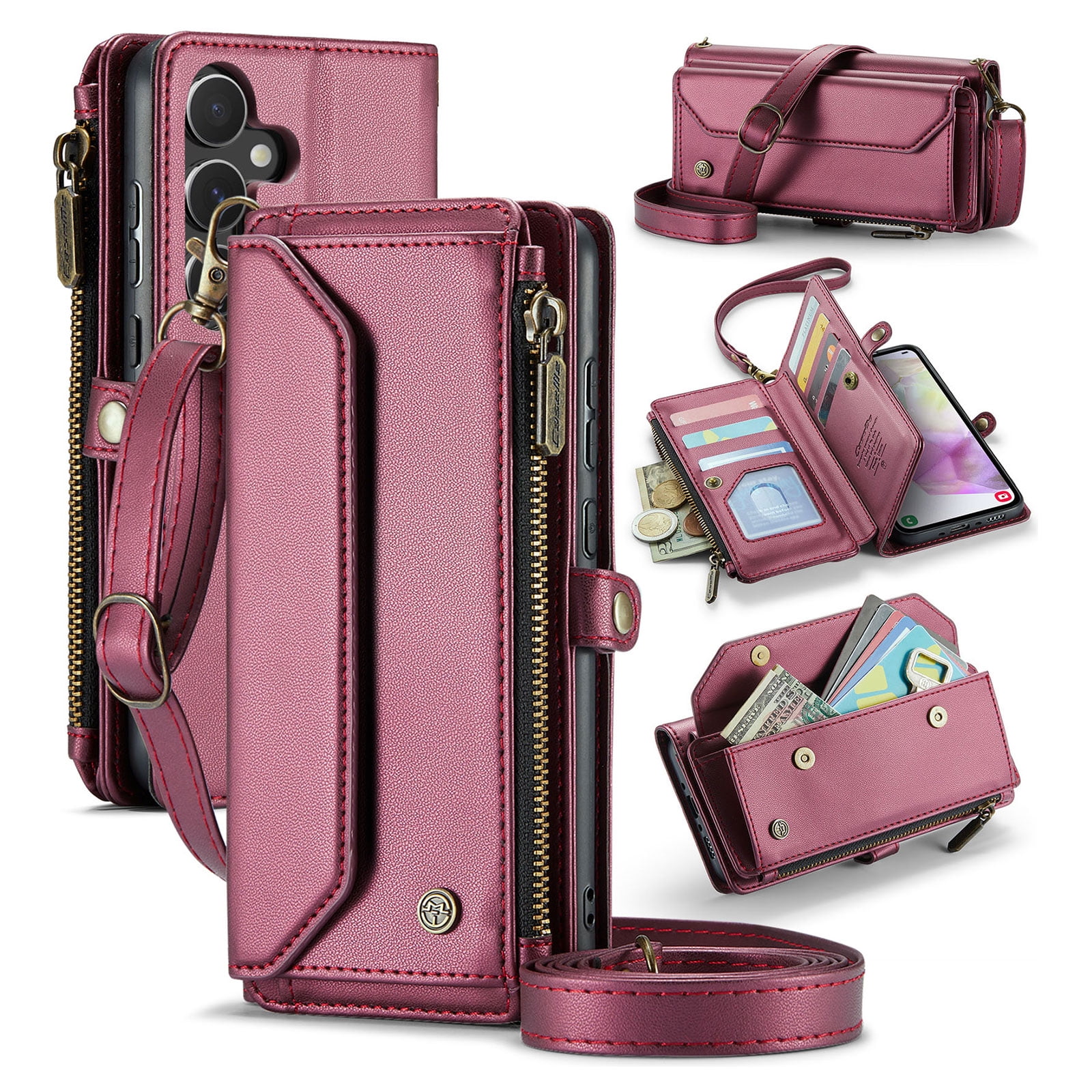 for Samsung Galaxy A14 5G Full Body Protection Wallet Folio Flip Case, Shoulder Strap & Wristlet Card Slots Zipper Pocket RFID Blocking Rugged Durable PU Leather Phone Case Cover, Winered