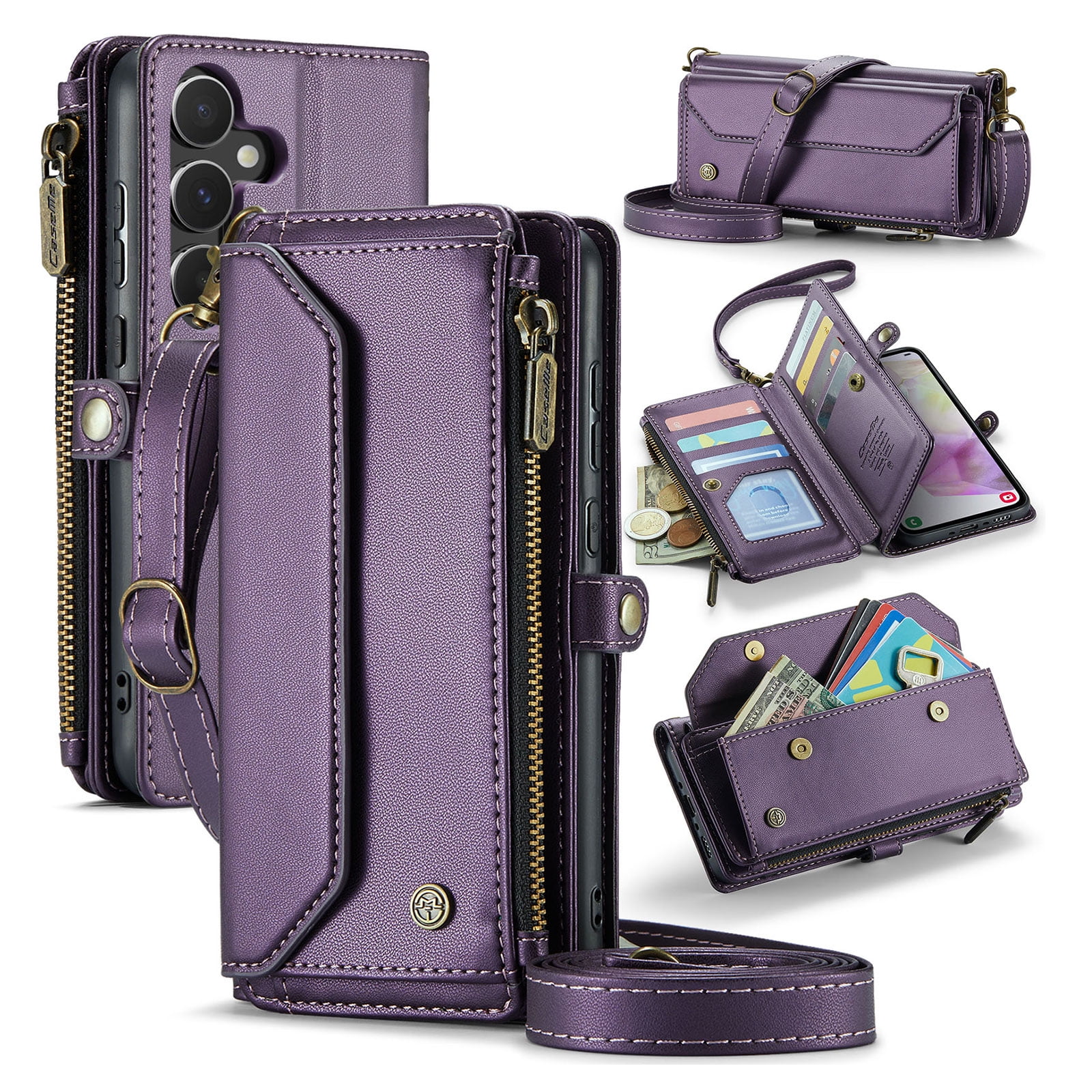 for Samsung Galaxy A14 5G Full Body Protection Wallet Folio Flip Case, Shoulder Strap & Wristlet Card Slots Zipper Pocket RFID Blocking Rugged Durable PU Leather Phone Case Cover, Purple