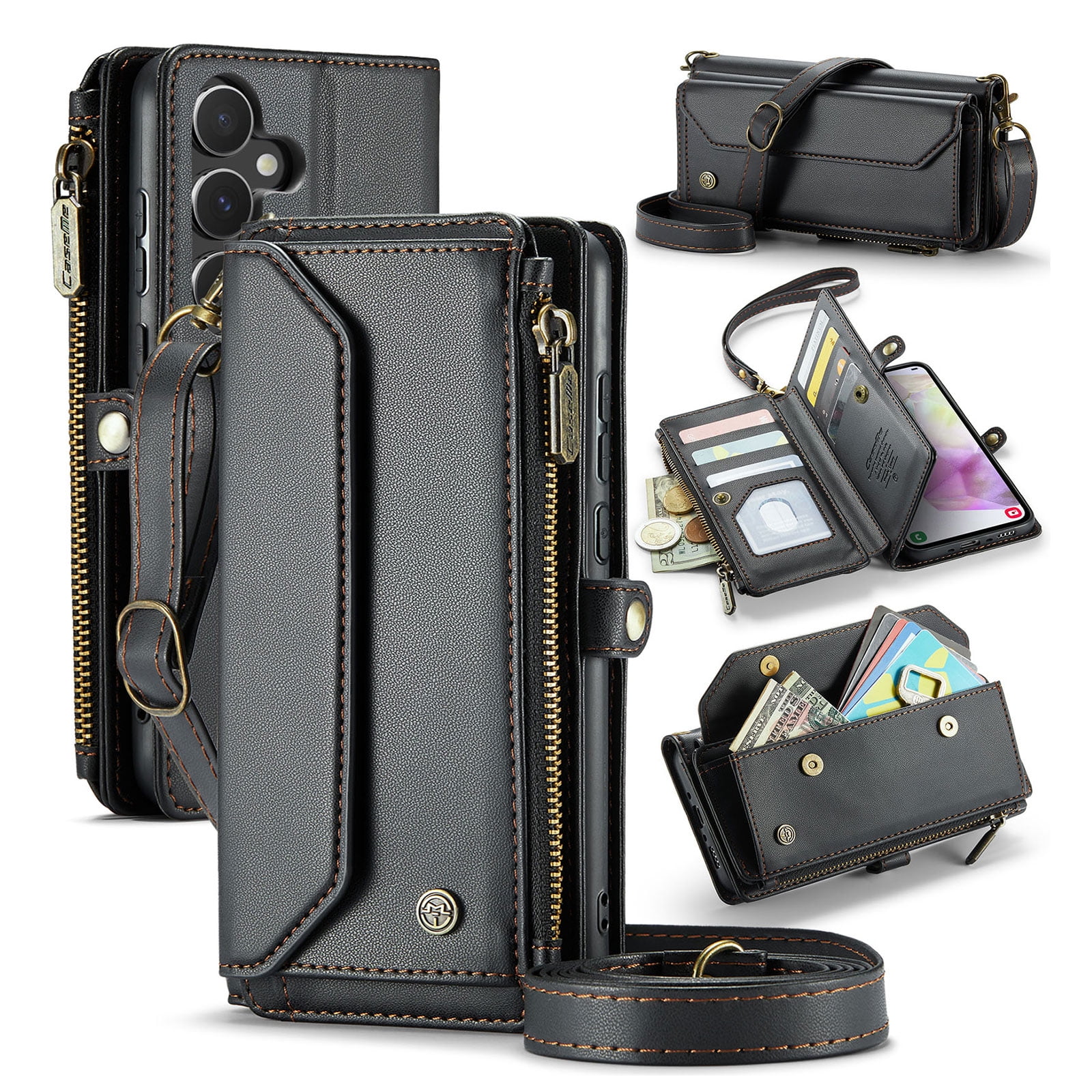 for Samsung Galaxy A14 5G Full Body Protection Wallet Folio Flip Case, Shoulder Strap & Wristlet Card Slots Zipper Pocket RFID Blocking Rugged Durable PU Leather Phone Case Cover, Black