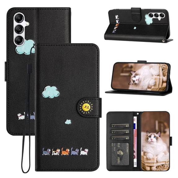 for Samsung Galaxy A14 5G Lovely Cartoon Pattern Wallet Flip PU Leather Case, with Wrist Strap / Credit Card Slots / Photo Slot / Cash Pocket Kickstand Cute Phone Cover for Galaxy A14 5G, Black