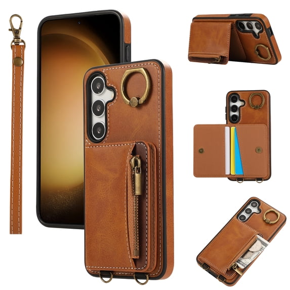 for Samsung Galaxy A14 5G PU Leather Case, Card Slots and Zipper Pocket Kickstand, Classic Protective Shockproof Lightweight Ultra Slim lip Case Finger Ring Wrist Strap for A14 5G, Brown