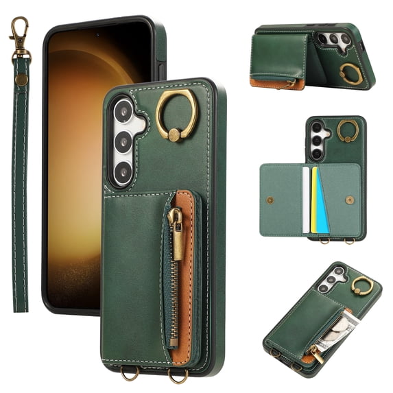for Samsung Galaxy A14 5G PU Leather Case, Card Slots and Zipper Pocket Kickstand, Classic Protective Shockproof Lightweight Ultra Slim lip Case Finger Ring Wrist Strap for A14 5G, Green