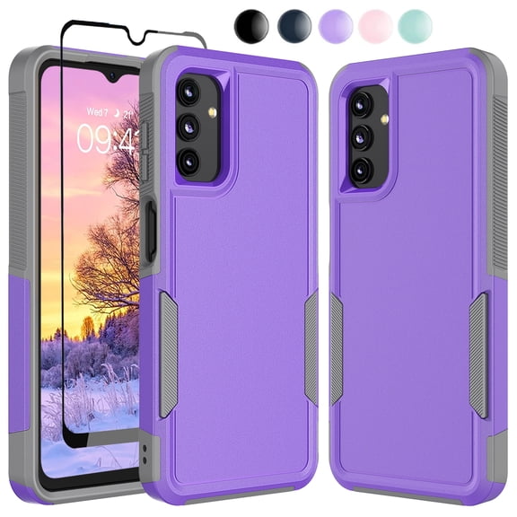 Samsung Galaxy A14 5G Phone Case and Screen Protector, Ebizware Shockproof Rubber Case for Galaxy A14 5G 6.6-inch, Heavy Duty Armor Full Body Protective Hybrid PC Back Case Cover -Purple