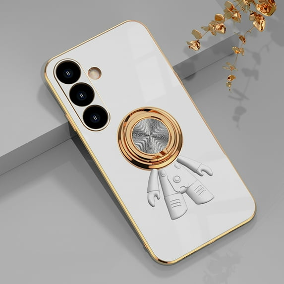 for Samsung Galaxy A14 5G Ring Holder Stand Case 3D Astronaut Plating Gold Edge Rotation Kickstand Slim Flexible TPU Shockproof Protective Phone Cover Case for Galaxy A14 5G, White