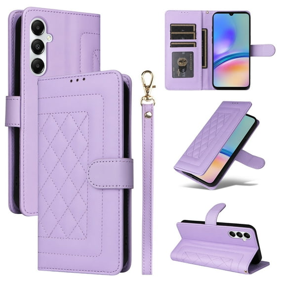 for Samsung Galaxy A14 5G Thin Fit Case Cover, Premium PU Leather Magnetic Wallet Flip Case with Stand Bracket Holder Flip Cover with Card Slots and Wrist Strap for Samsung Galaxy A14 5G - Purple