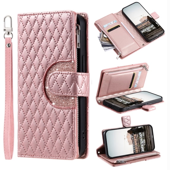 for Samsung Galaxy A14 5G Wallet Case with Card Holder & Kickstand & Wrist Strap, Flip Folio Book Style PU Leather Protective Cover with Crossbody Strap for Samsung Galaxy A14 5G, Rosegold