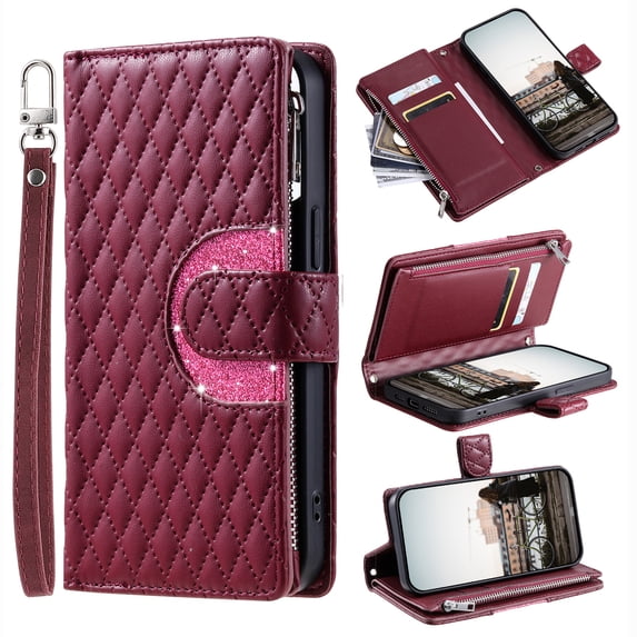 for Samsung Galaxy A14 5G Wallet Case with Card Holder & Kickstand & Wrist Strap, Flip Folio Book Style PU Leather Protective Cover with Crossbody Strap for Samsung Galaxy A14 5G, Winered