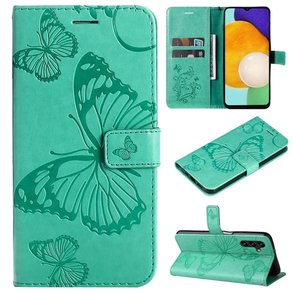 for Samsung Galaxy A14 5G Wallet Case, Kickstand Case with Credit Card Holder, Embossed Butterfly Pattern with Strap Premium PU Leather Magnetic Closure Shockproof Protective Flip Cover, Green