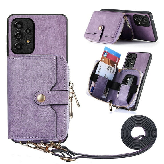 for Samsung Galaxy A14 5G Wallet Case, PU Leather Case with Back Card Holder Kickstand, Magnetic Button Flip Folio Shockproof Zipper Crossbody Strap Purse Phone Case for A14 5G, Purple