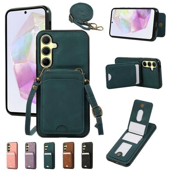 for Samsung Galaxy A14 5G Wallet Case with Shoulder Lanyard Strap, Crossbody Phone Case with Card Holder Slots for Women Girls, Luxury PU Leather Flip Stand Purse Cover Shockproof Case, Green