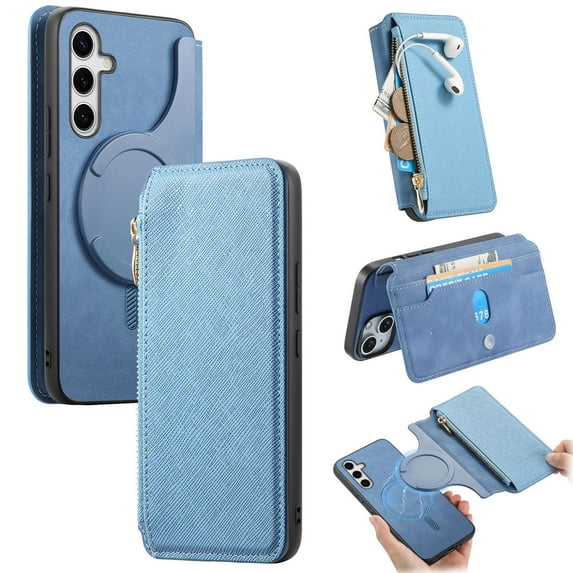 for Samsung Galaxy A14 5G Zipper Wallet Case, 2-in-1 Magnetic Wallet Case Phone Cover, Card Slots Holder PU Leather Case TPU Bumper Shockproof Anti-Drop Cover for Galaxy A14 5G, Blue