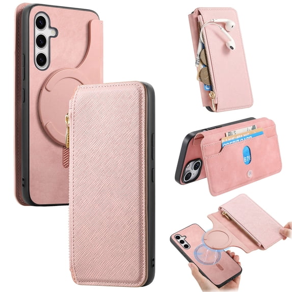 for Samsung Galaxy A14 5G Zipper Wallet Case, 2-in-1 Magnetic Wallet Case Phone Cover, Card Slots Holder PU Leather Case TPU Bumper Shockproof Anti-Drop Cover for Galaxy A14 5G, Pink